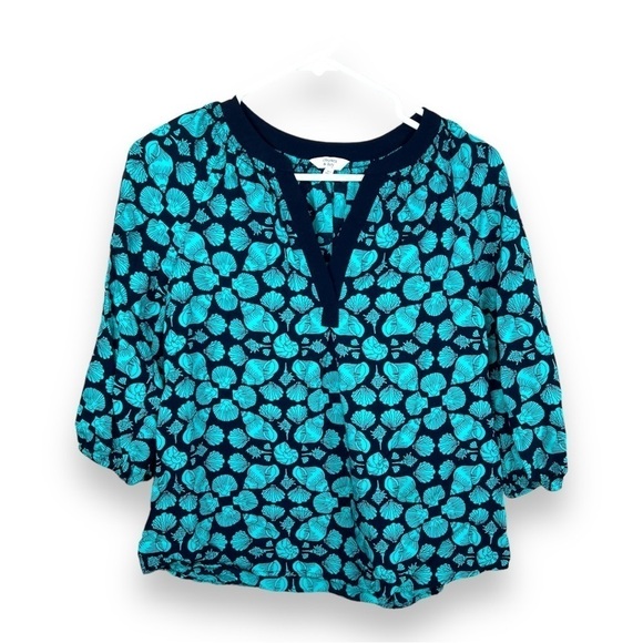 XS CROWN AND IVY TEAL BLUE SEASHELL BLOUSE HENLEY  TOP BOHO LIGHTWEIGHT - Picture 1 of 10